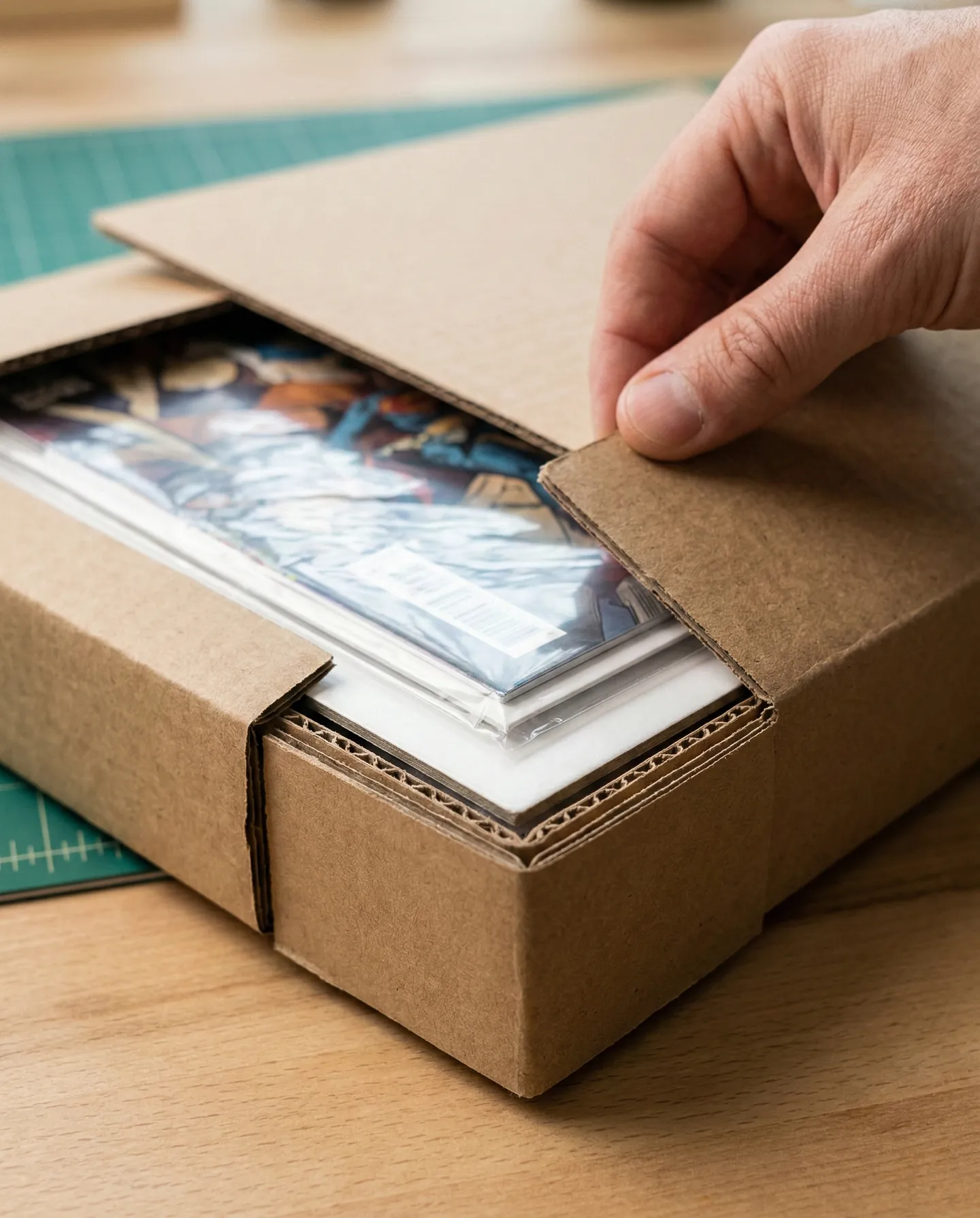 Cutie tip 'Gemini' pentru benzi desenate, arătând cum protejează colțurile împotriva impactului, revistă ambalată 'Bag and Board'