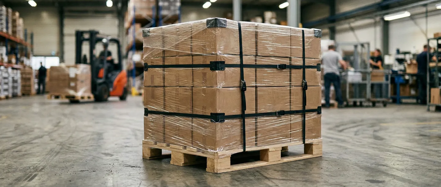 Cutii pline cu cărți, stivuite pe un europalet de lemn și înfășurate în folie stretch pentru transport LTL.