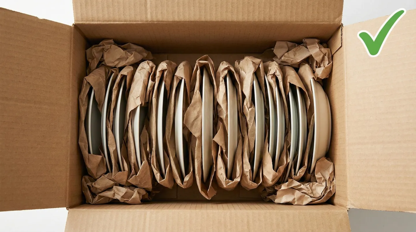 Demonstrație a modului corect de ambalare a farfuriilor: așezate vertical pe cant, nu stivuite orizontal