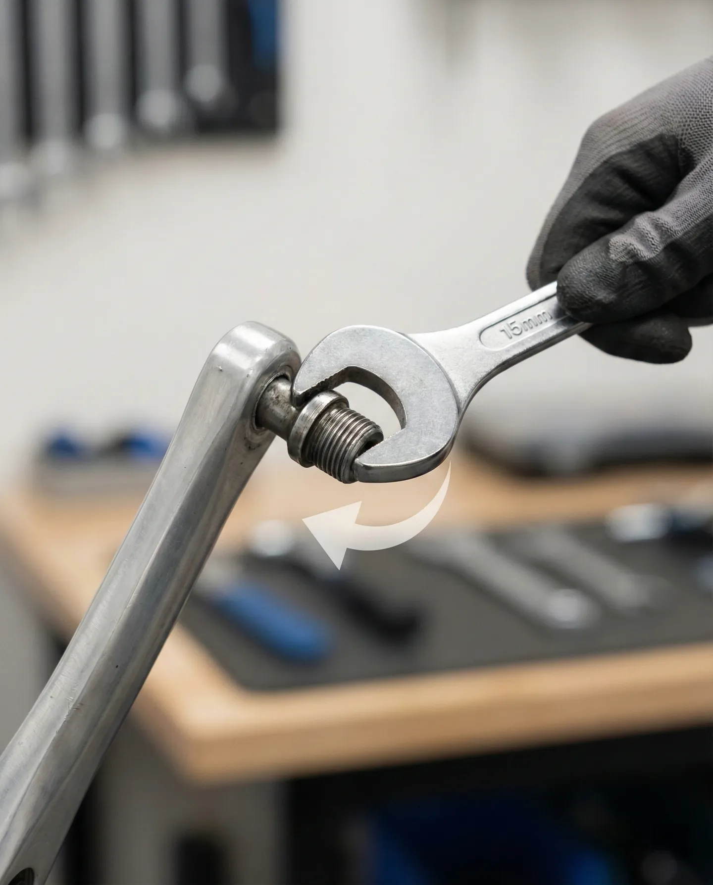 Demontarea corectă a pedalelor folosind cheia de 15mm pentru a reduce lățimea coletului