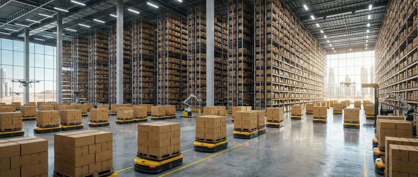 Depozit logistic automatizat în Dubai Free Zone cu roboți și sisteme moderne de stocare