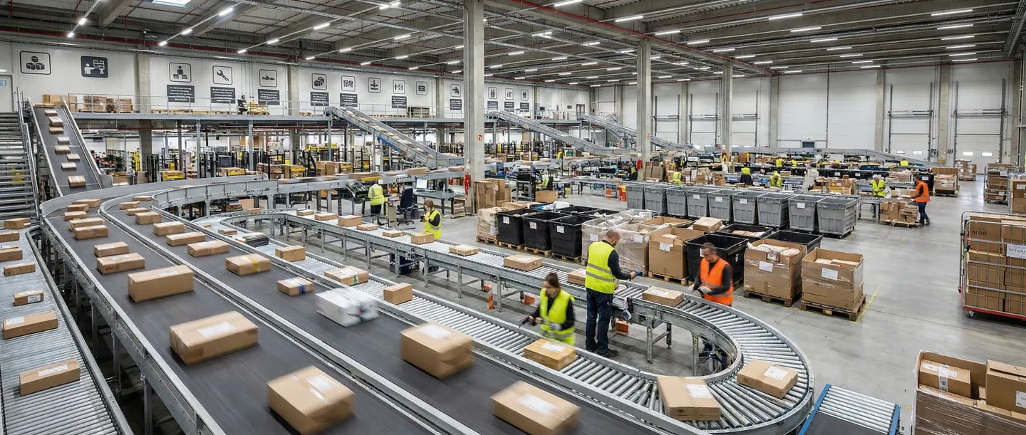 Depozit logistic în Germania unde coletele primite de la magazinele online sunt sortate și re-etichetate pentru expediere în România