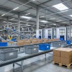 Depozit logistic modern pentru industria fashion cu sisteme automatizate și cutii de îmbrăcăminte
