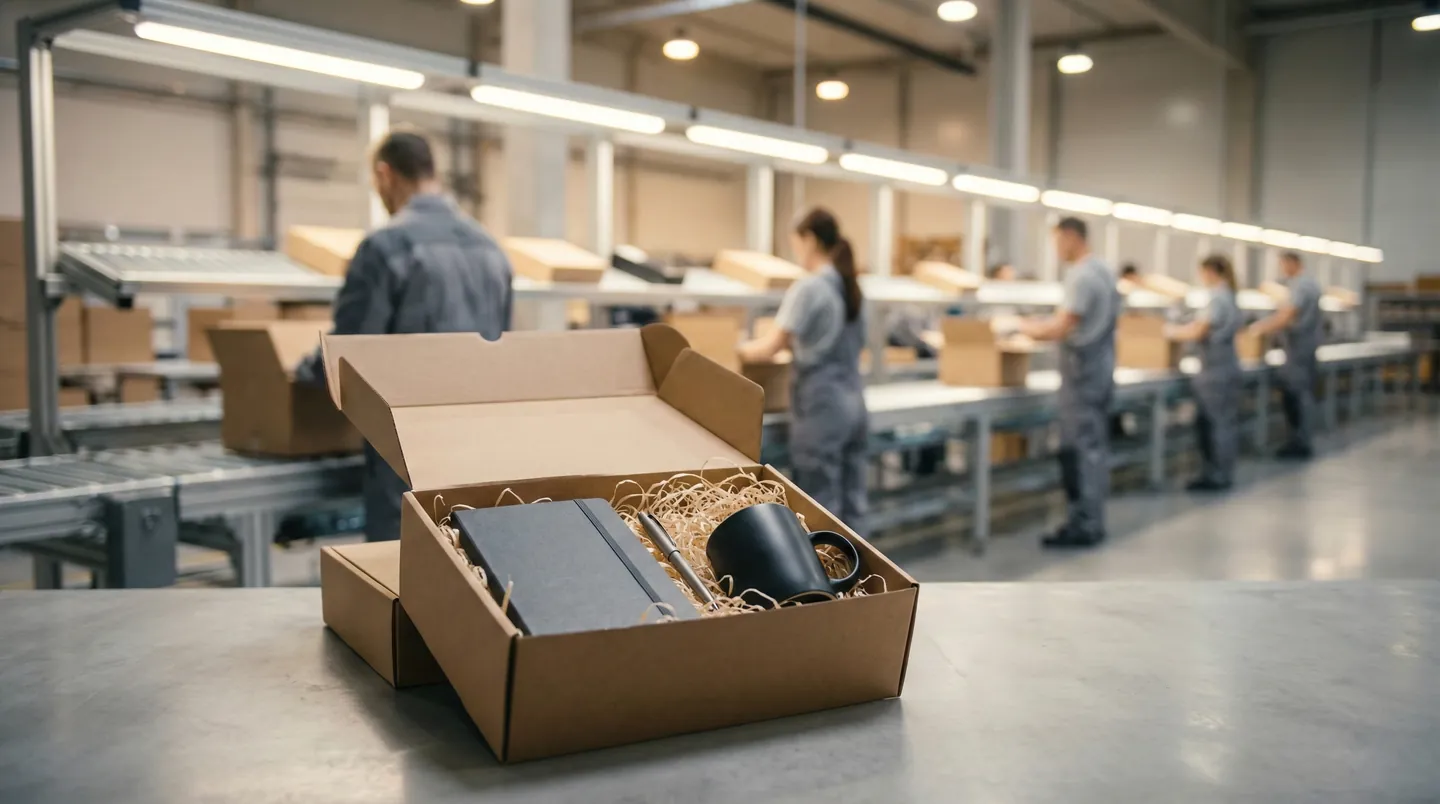 Logistică și Fulfillment pentru Cadouri Corporate Depozit logistic modern pregătind mii de cutii cadou corporate pentru expediere