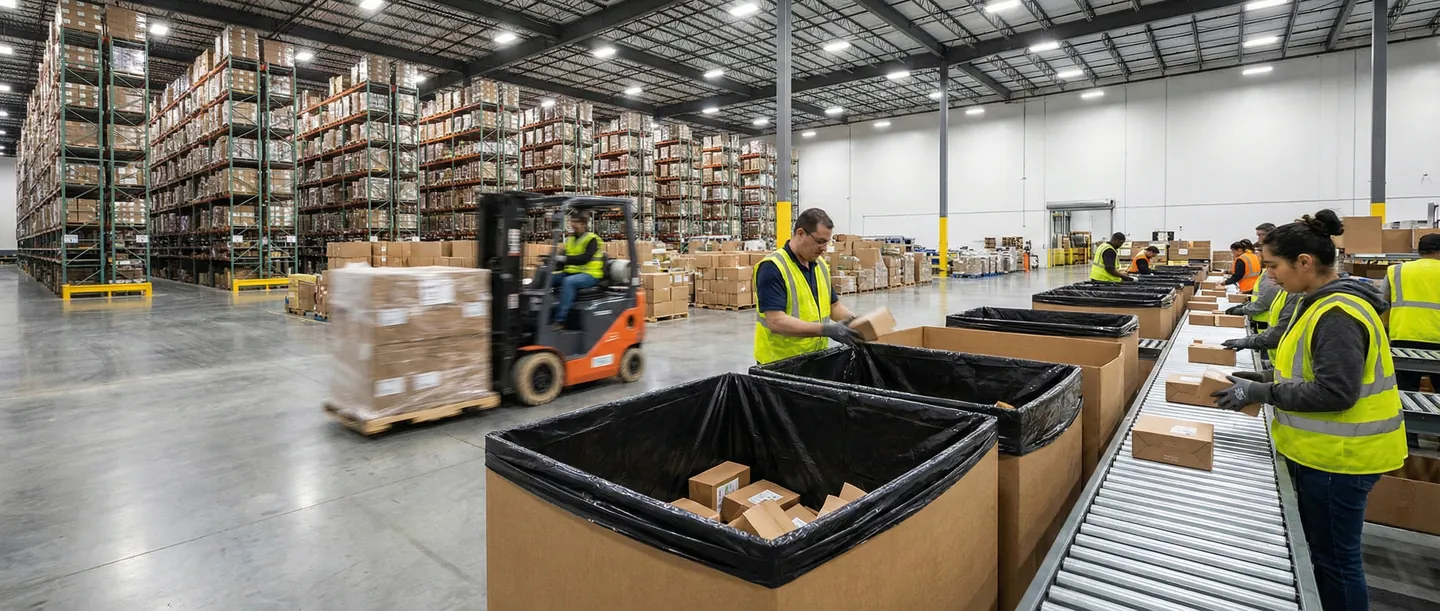 Depozit logistic unde lucrătorii sortează colete de retur într-un container mare pentru expediere consolidată, proces eficient