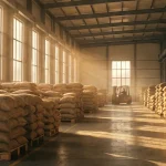 Depozit modern de cafea verde cu paleți stivuiți organizat, lumină naturală caldă, atmosferă profesională logistică