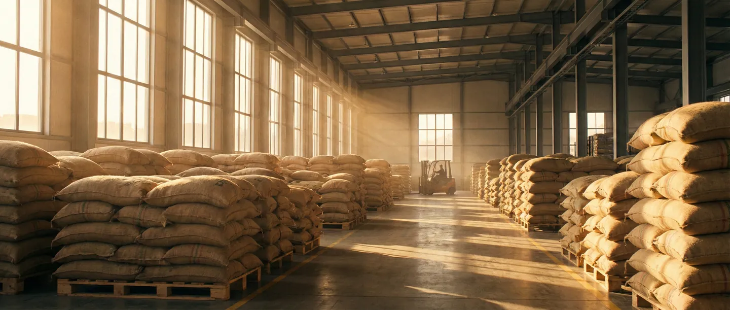 Depozit modern de cafea verde cu paleți stivuiți organizat, lumină naturală caldă, atmosferă profesională logistică