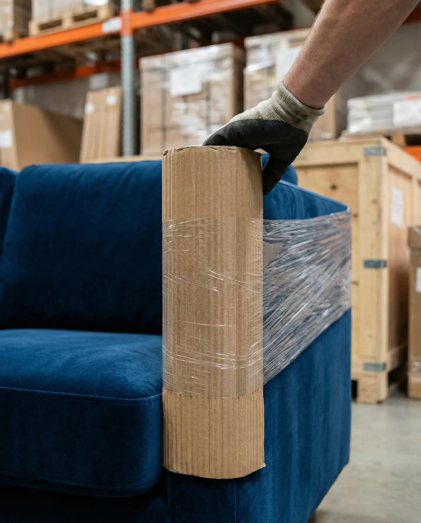Detaliu al colțului unei canapele protejat cu un profil gros de carton și învelit în folie stretch. Mâna unui manipulator verifică siguranța.