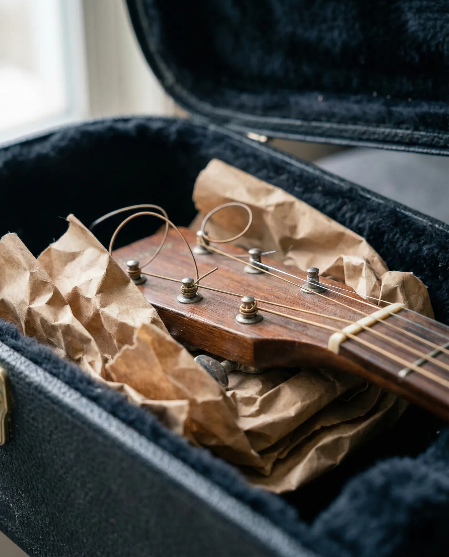 Detaliu al interiorului unei cutii de chitară (hard case) arătând cum spațiul de sub capul chitarei (headstock) este umplut cu hârtie mototolită pentru susținere