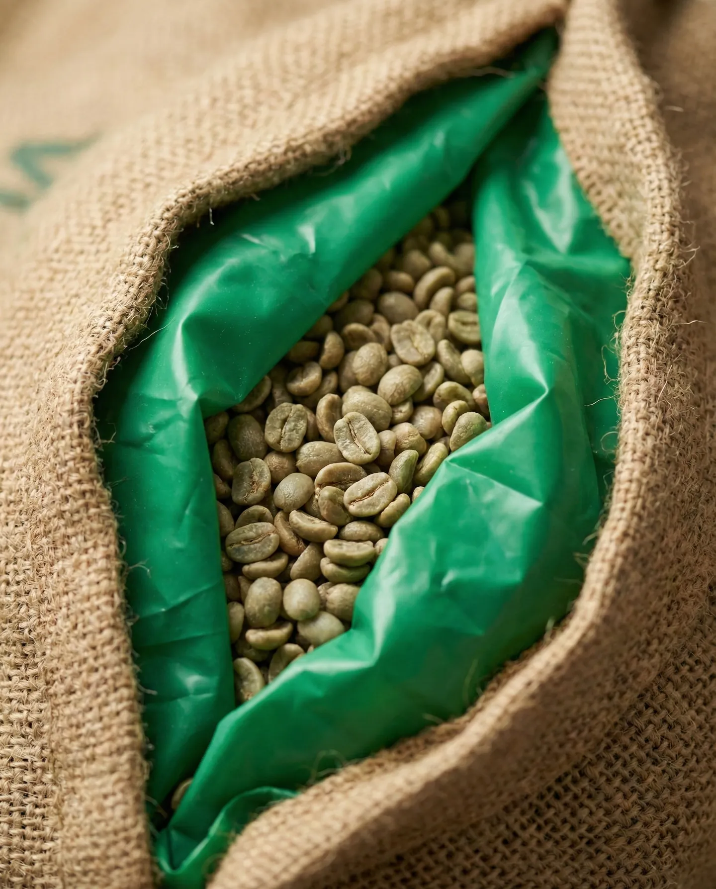 Detaliu al unui sac de iută deschis, dezvăluind sacul verde GrainPro din interior care protejează boabele de cafea verde