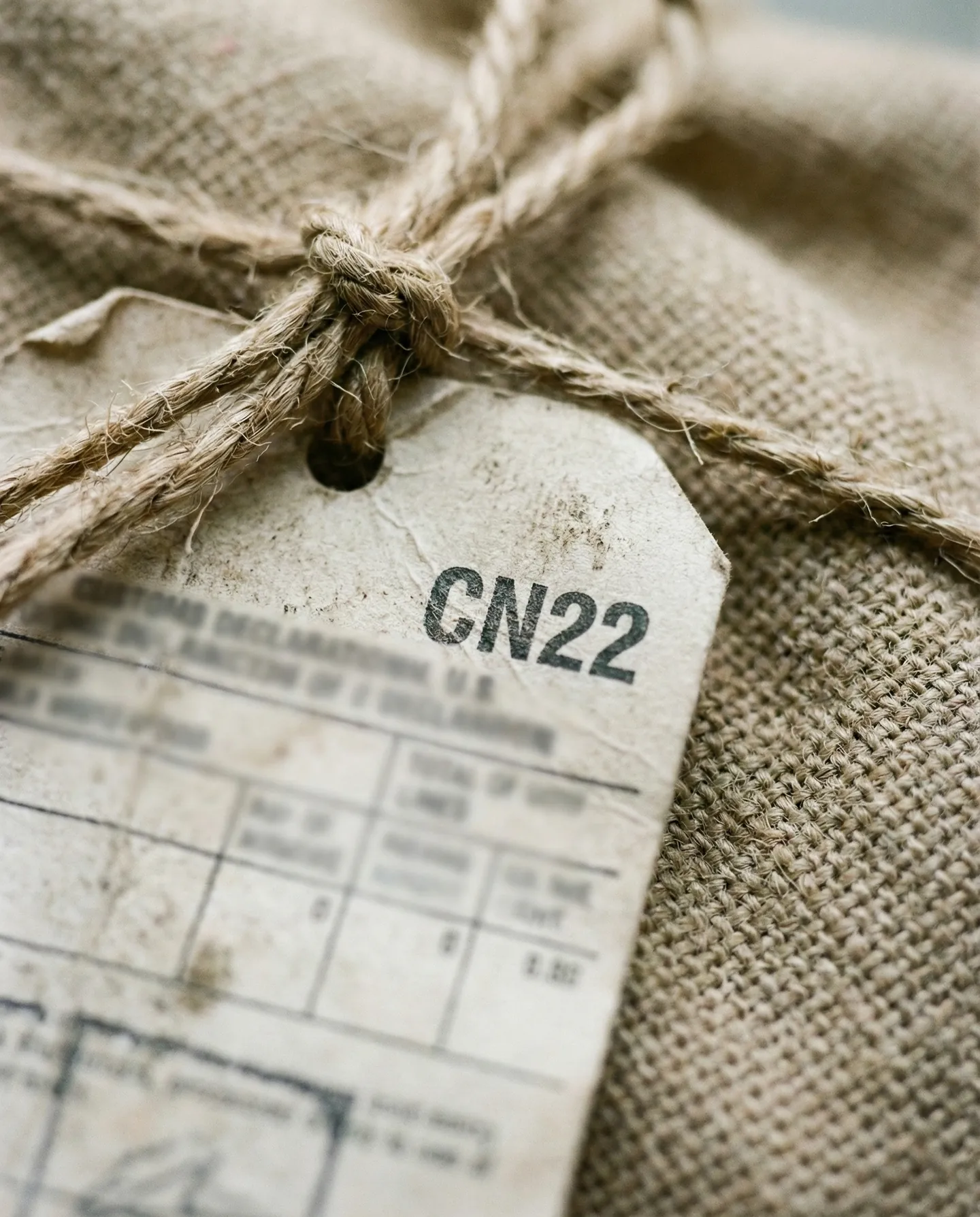 Detaliu cu eticheta vamală CN22 atașată la gâtul sacului M-Bag