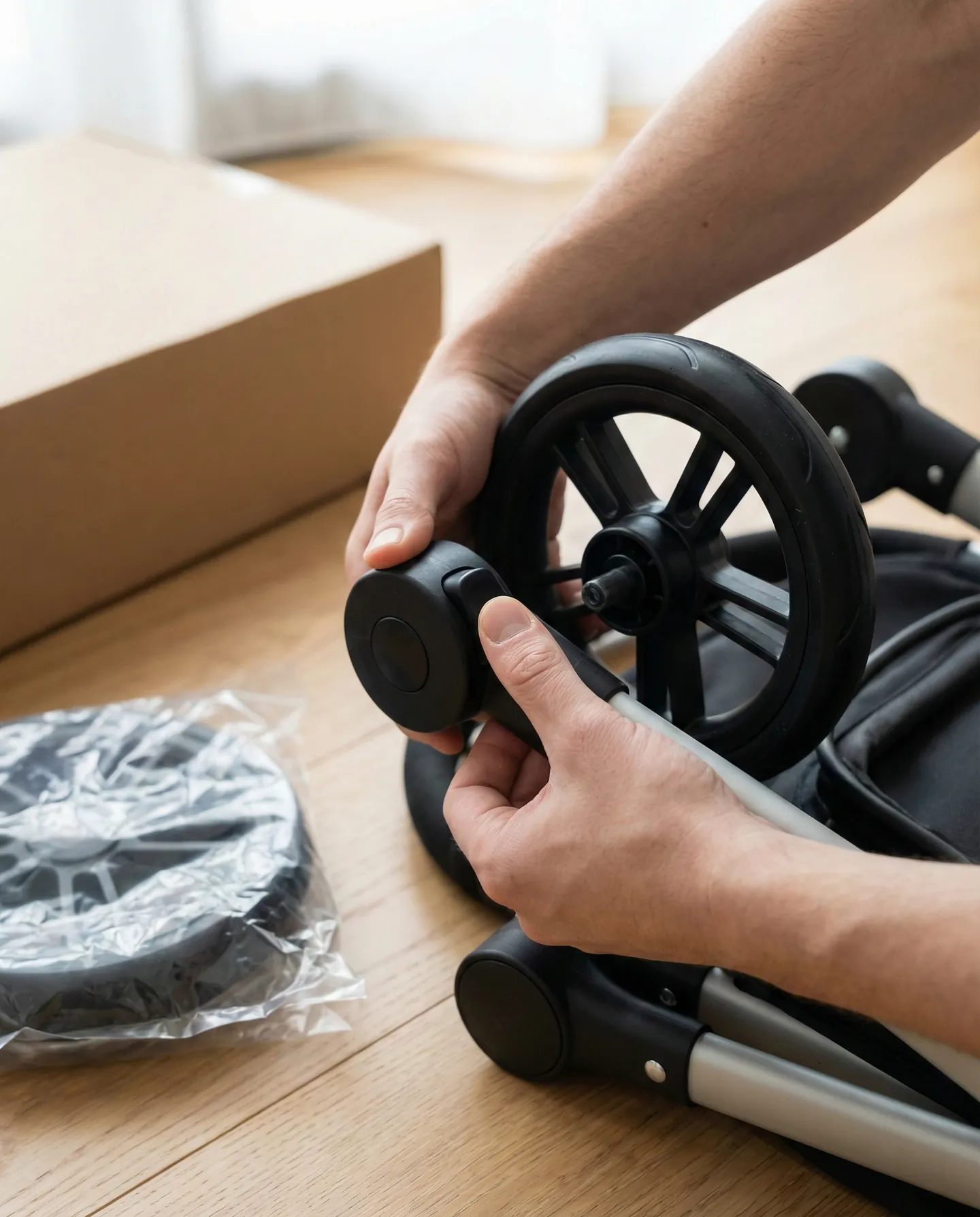 Detaliu cu mâinile unui părinte scoțând roțile unui cărucior sport (sistem click) și punându-le într-o pungă, reducând volumul pentru transport