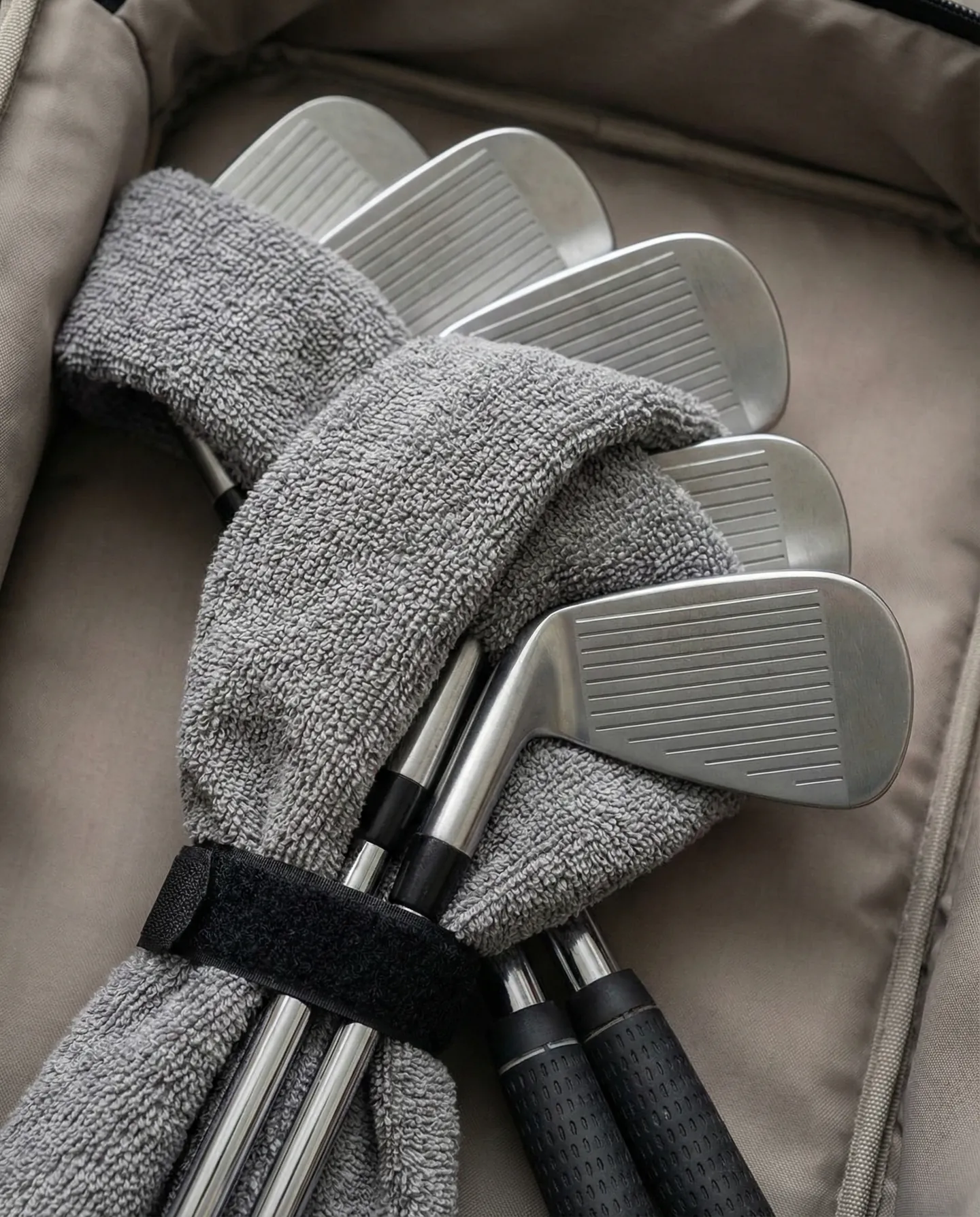 Detaliu cu tehnica de împachetare a capetelor croselor de golf folosind un prosop țesut printre ele pentru protecție