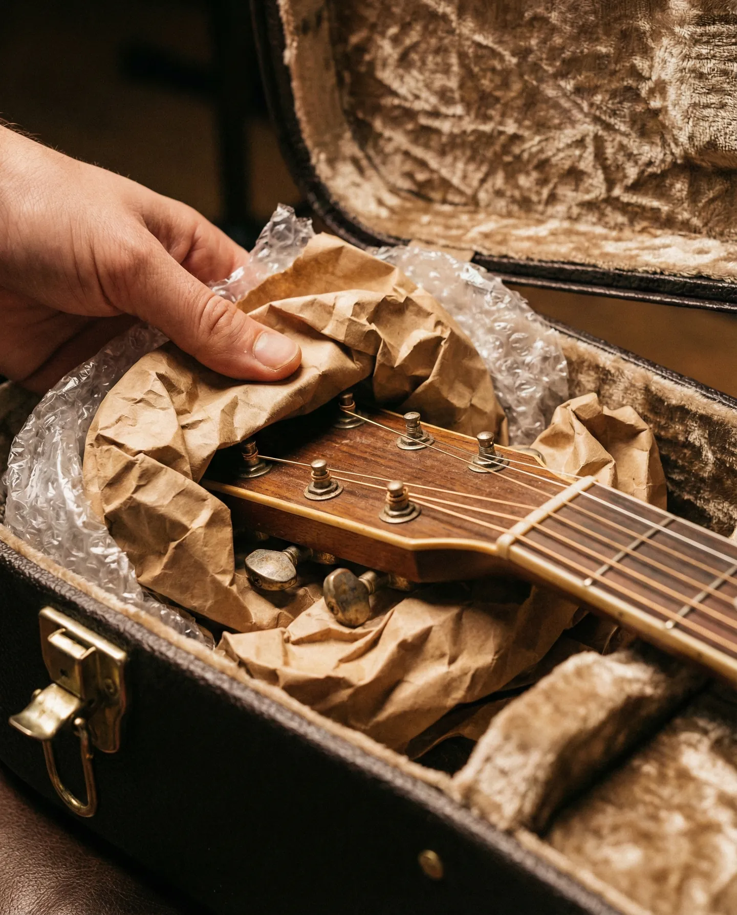 Detaliu macro arătând umplerea spațiului de sub capul chitarei cu material moale pentru a preveni ruperea la șoc