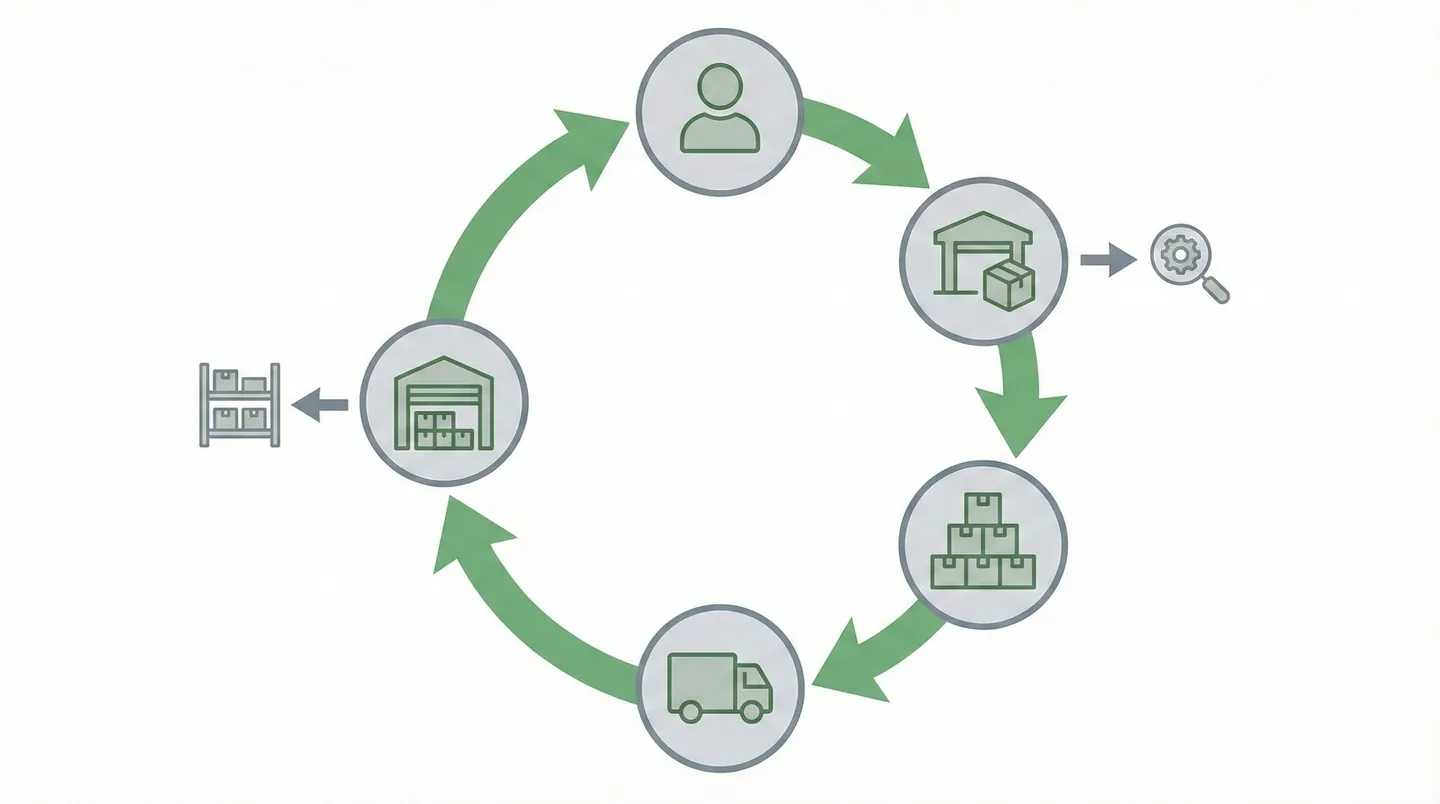Diagramă a fluxului de logistică inversă pentru gestionarea retururilor internaționale