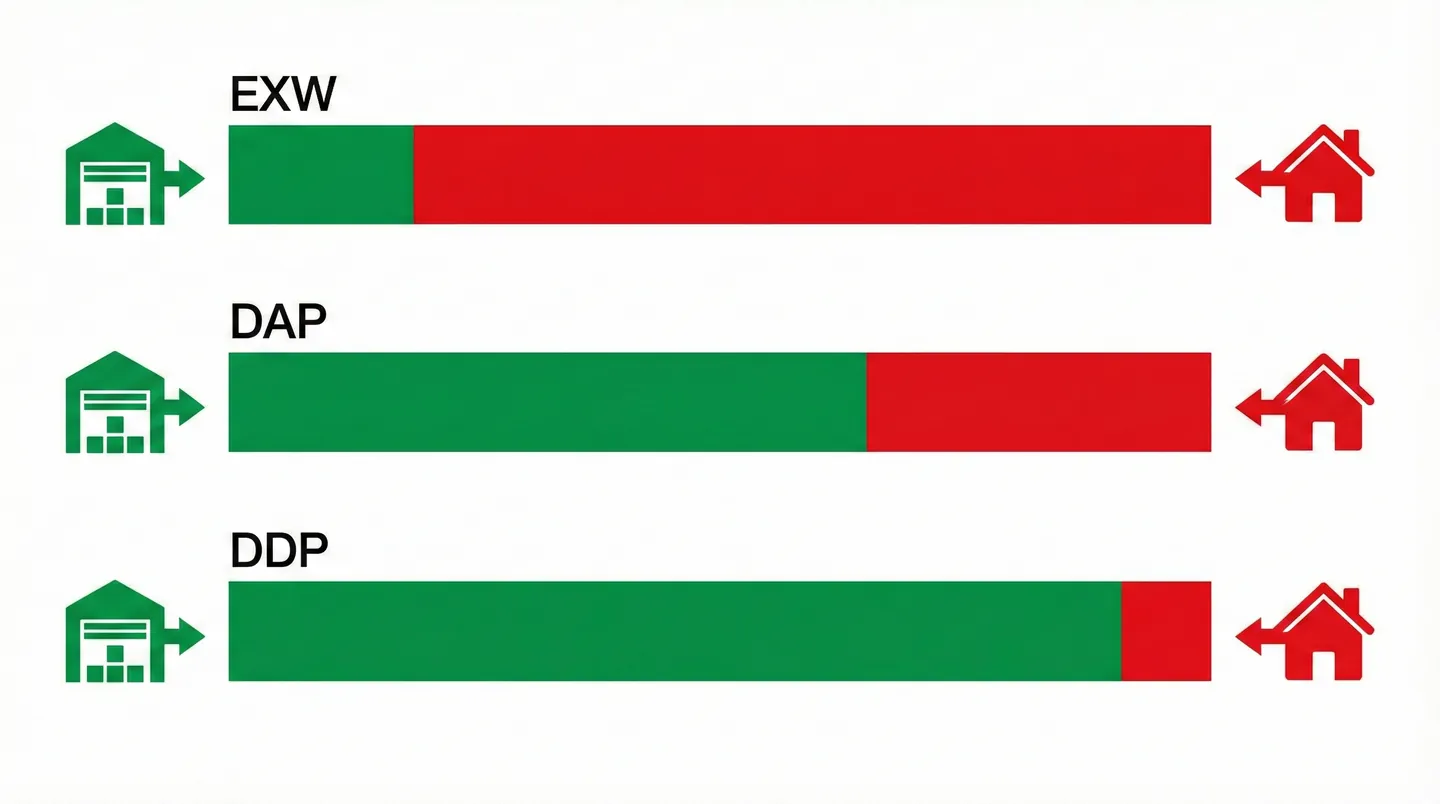 Diagramă comparativă a responsabilităților pentru Incoterms EXW, DAP și DDP