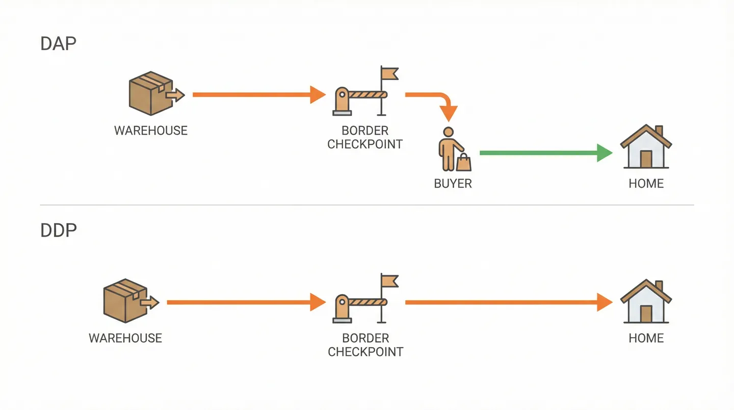 Diagramă comparativă Incoterms DDP vs DAP pentru transportul către Marea Britanie