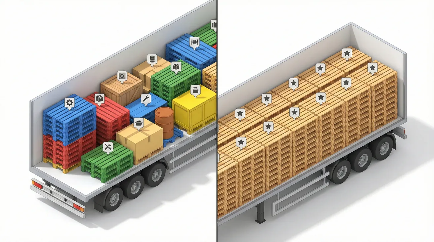Diagramă comparativă LTL vs FTL arătând distribuția paleților în remorcă