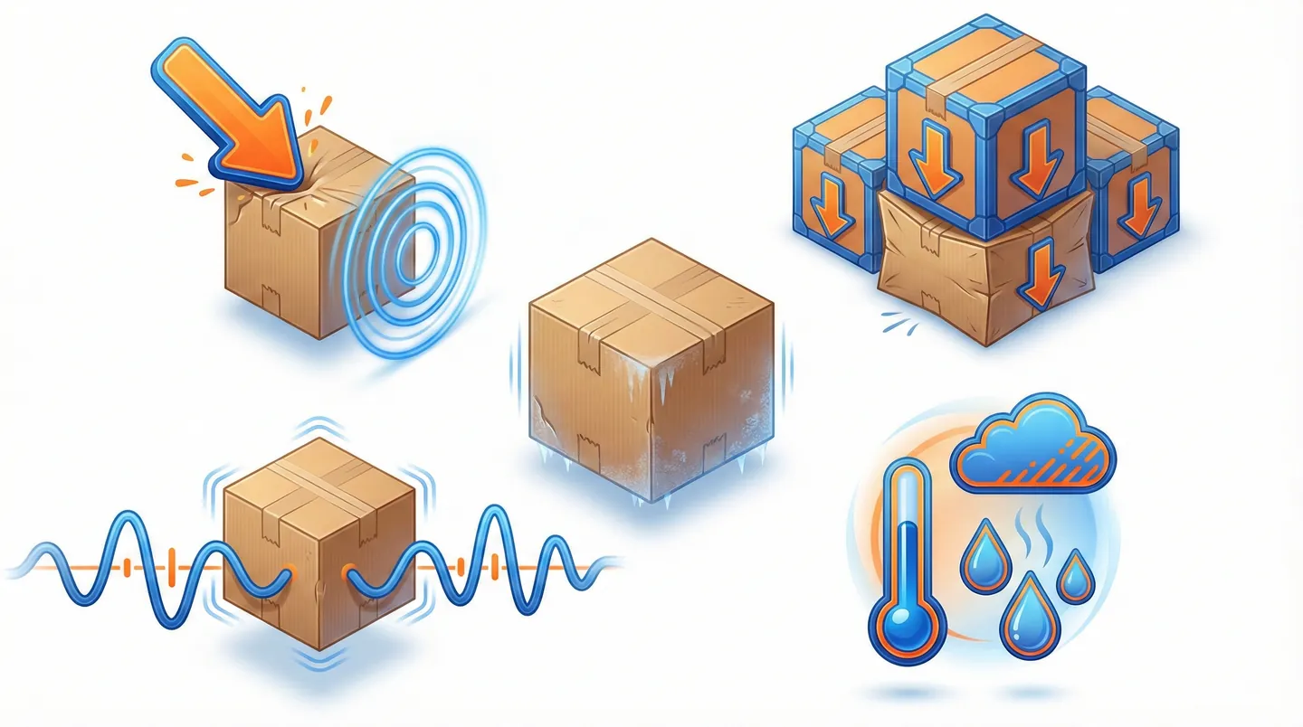 Diagramă cu forțele fizice la care este supus un colet: șoc, vibrație, compresiune și variații de climă
