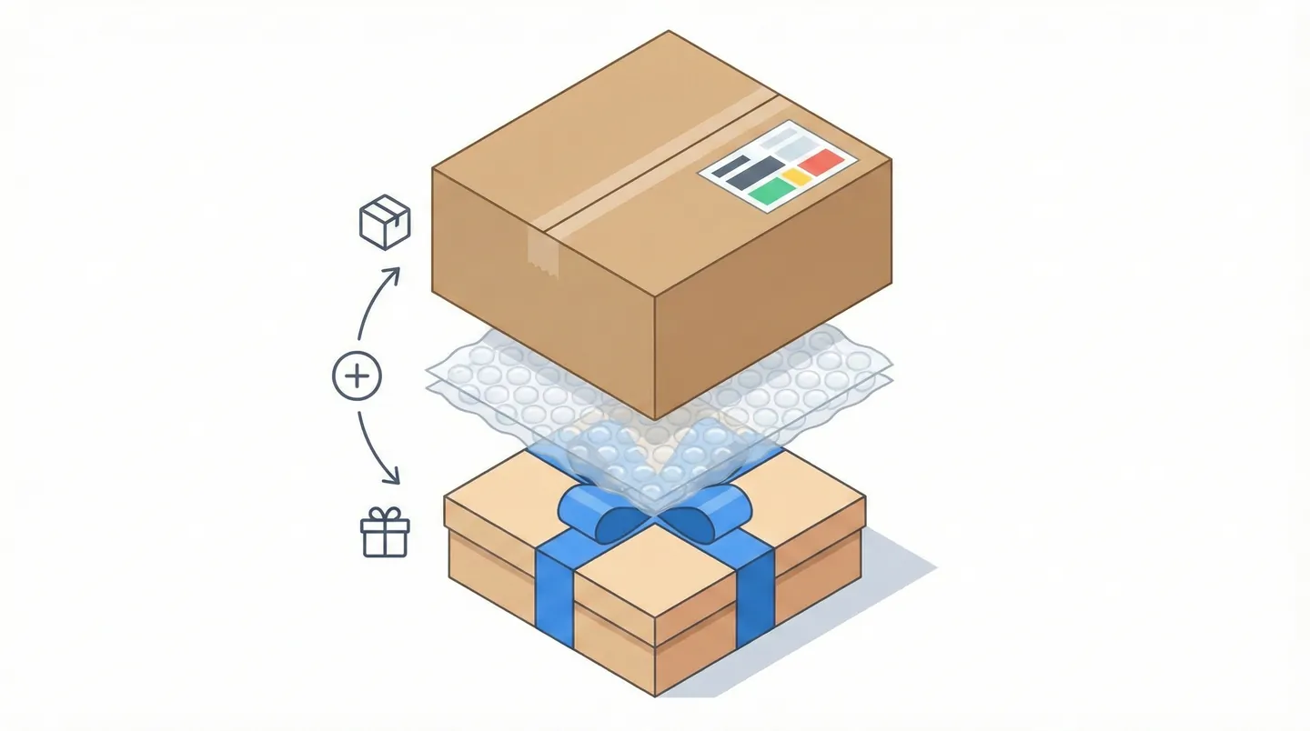 Diagramă explicativă a metodei de ambalare Box-in-Box pentru protecție și surpriză