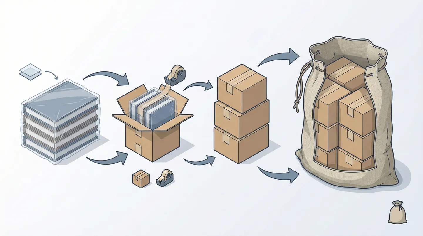 Diagramă explicativă a metodei de ambalare 'Cutie în Sac' pentru protecție maximă