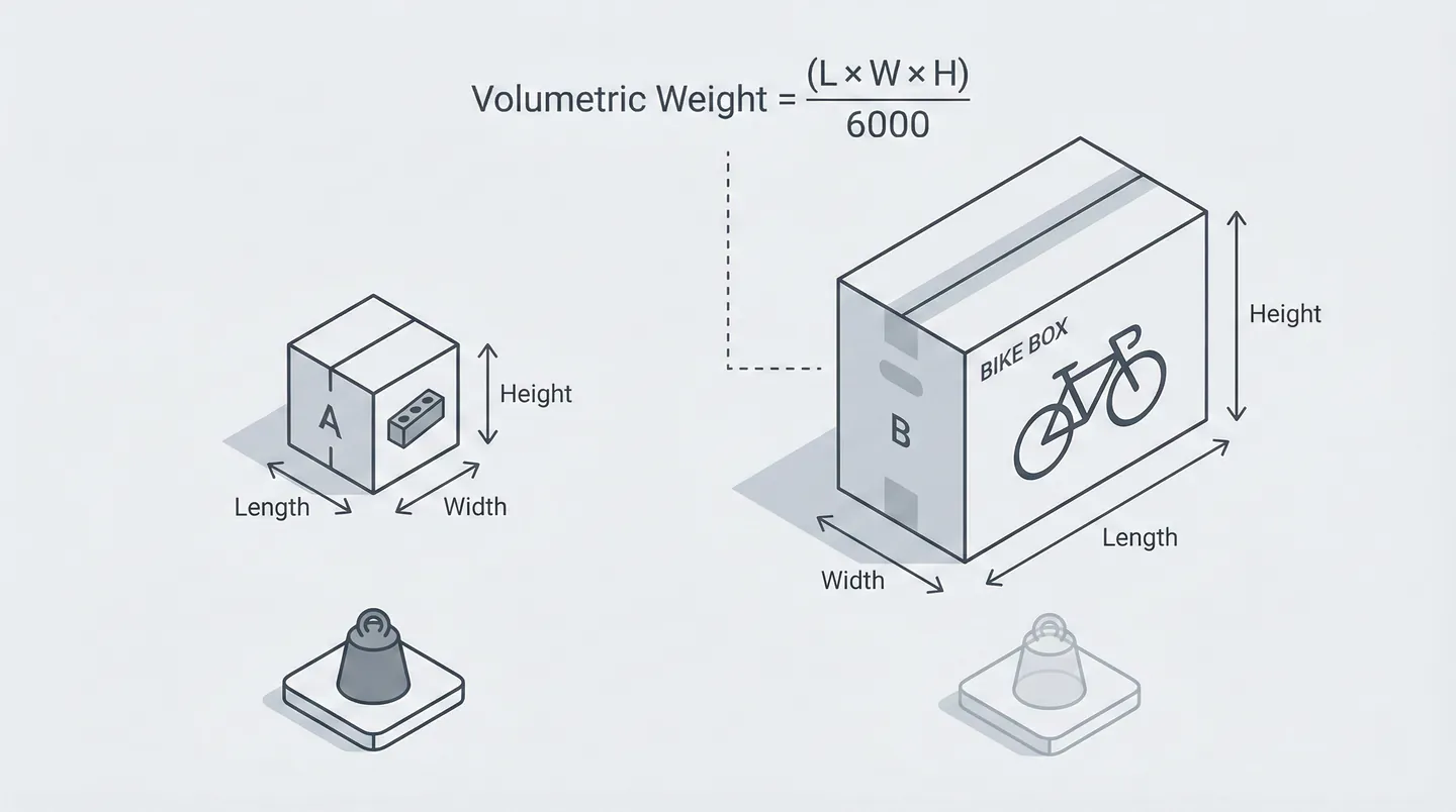 Diagramă explicativă pentru calculul greutății volumetrice versus greutatea reală în curierat
