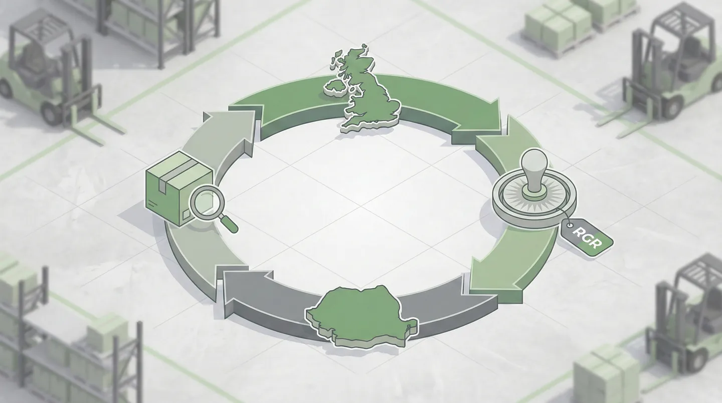 Diagramă logistică ilustrând procesul de retur marfă (reverse logistics) și scutirea de taxe la re-import