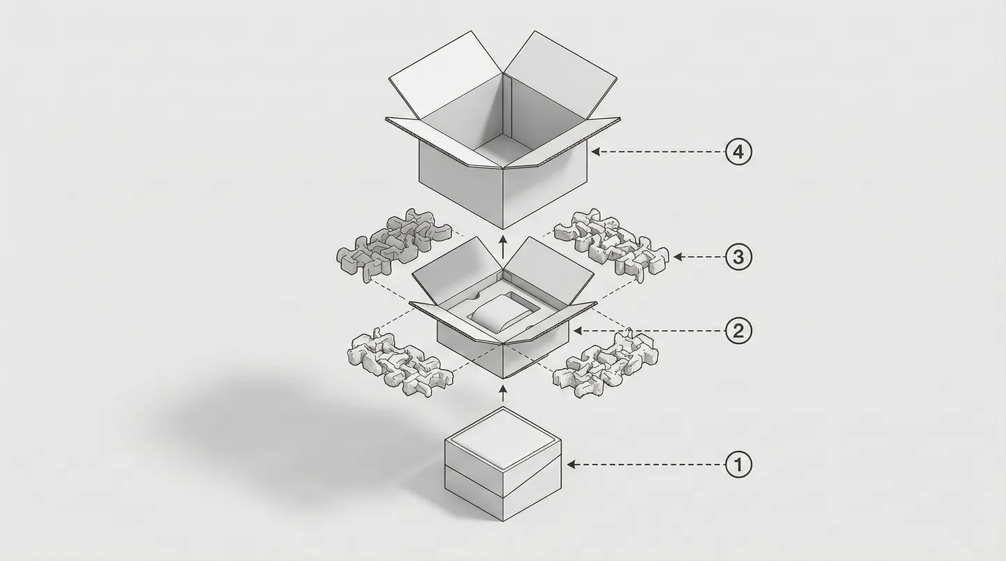 Diagramă tehnică explodată a metodei de ambalare Double Boxing, arătând straturile de protecție pentru obiecte fragile