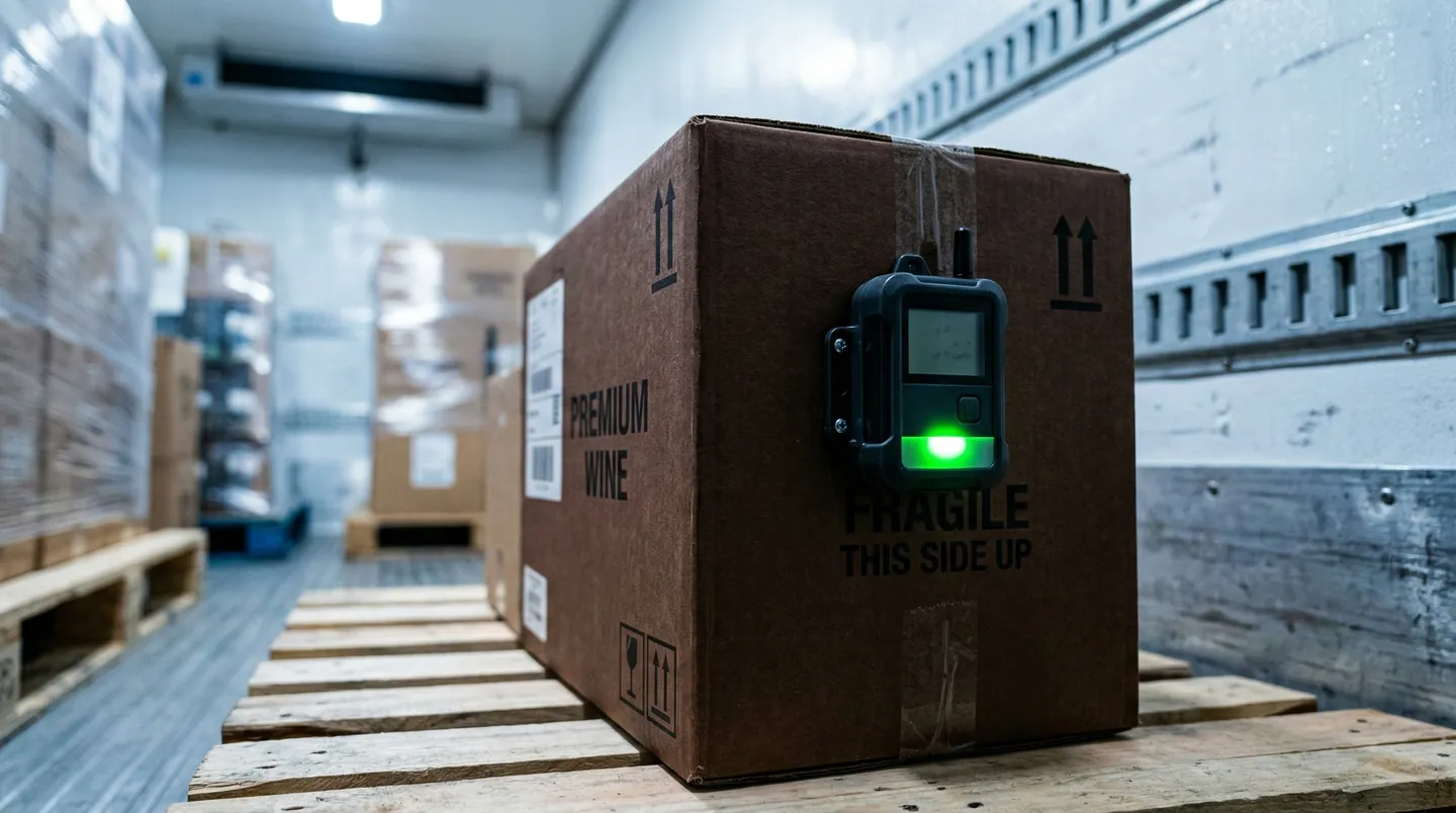 Dispozitiv de monitorizare a temperaturii atașat pe un colet cu vin, în interiorul unui camion frigorific