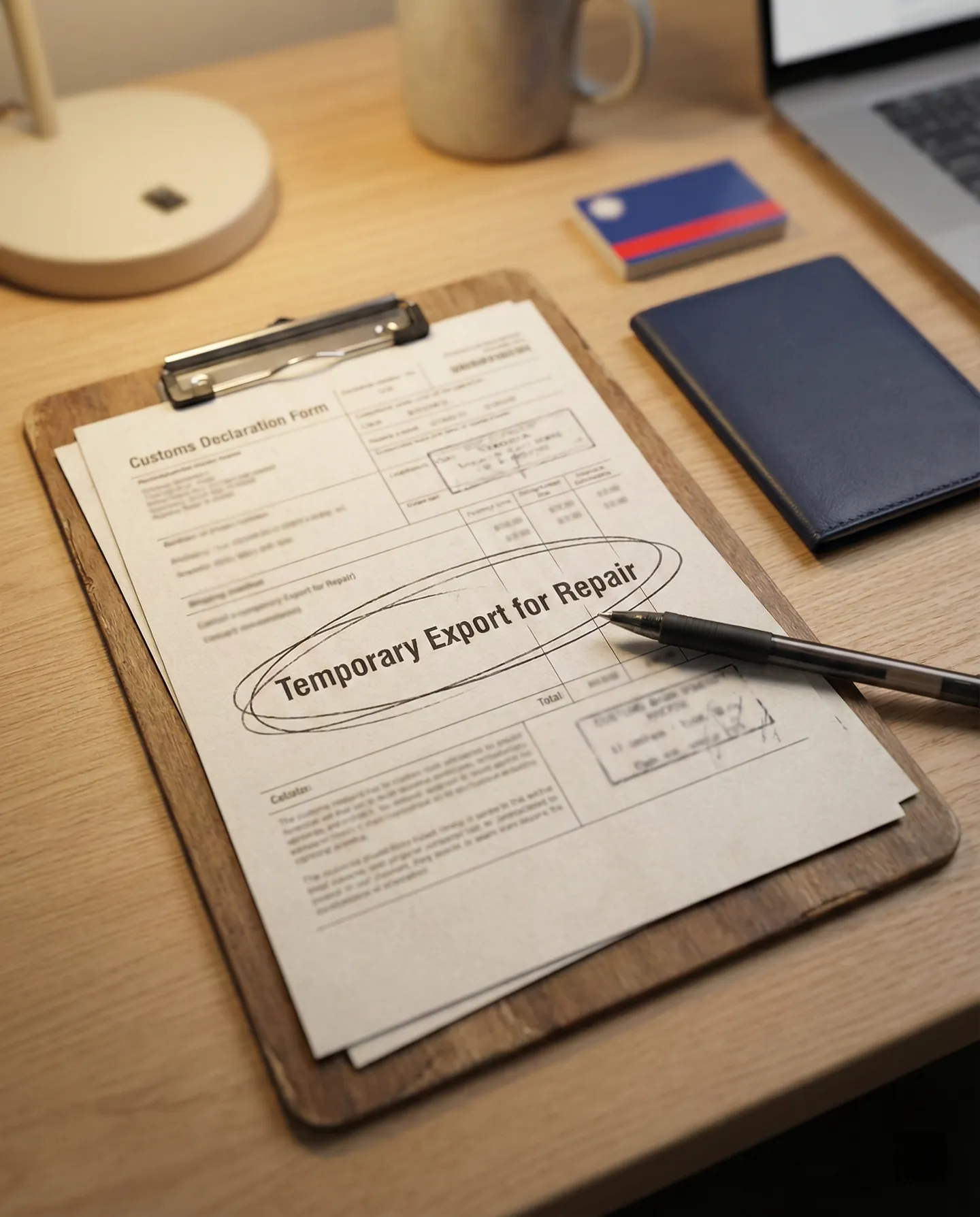 Documentație vamală specificând export temporar pentru reparație pentru a evita taxele vamale inutile