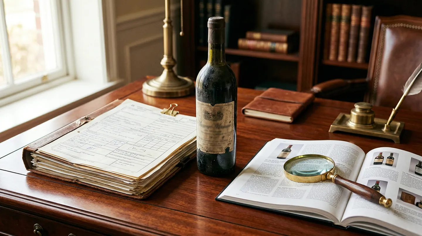 Documente vamale, catalog de licitație și o sticlă de vin rar pe un birou, pregătiri pentru export