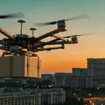 Dronă comercială de livrare cu 6 rotoare transportând un pachet securizat deasupra orizontului modern al Bucureștiului, la apus