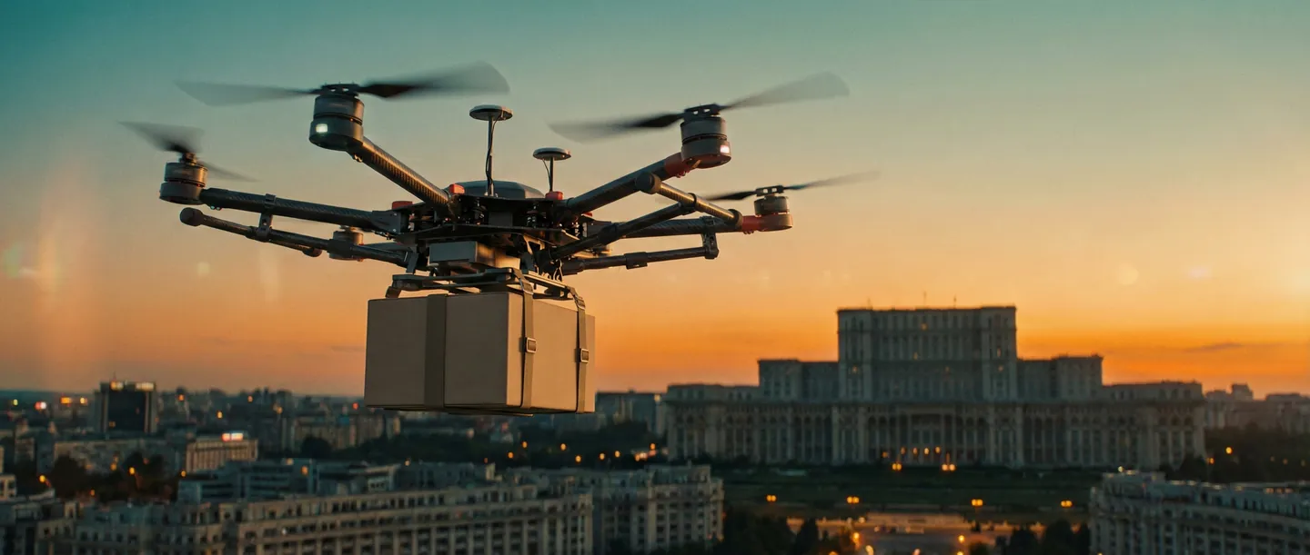 Dronă comercială de livrare cu 6 rotoare transportând un pachet securizat deasupra orizontului modern al Bucureștiului, la apus