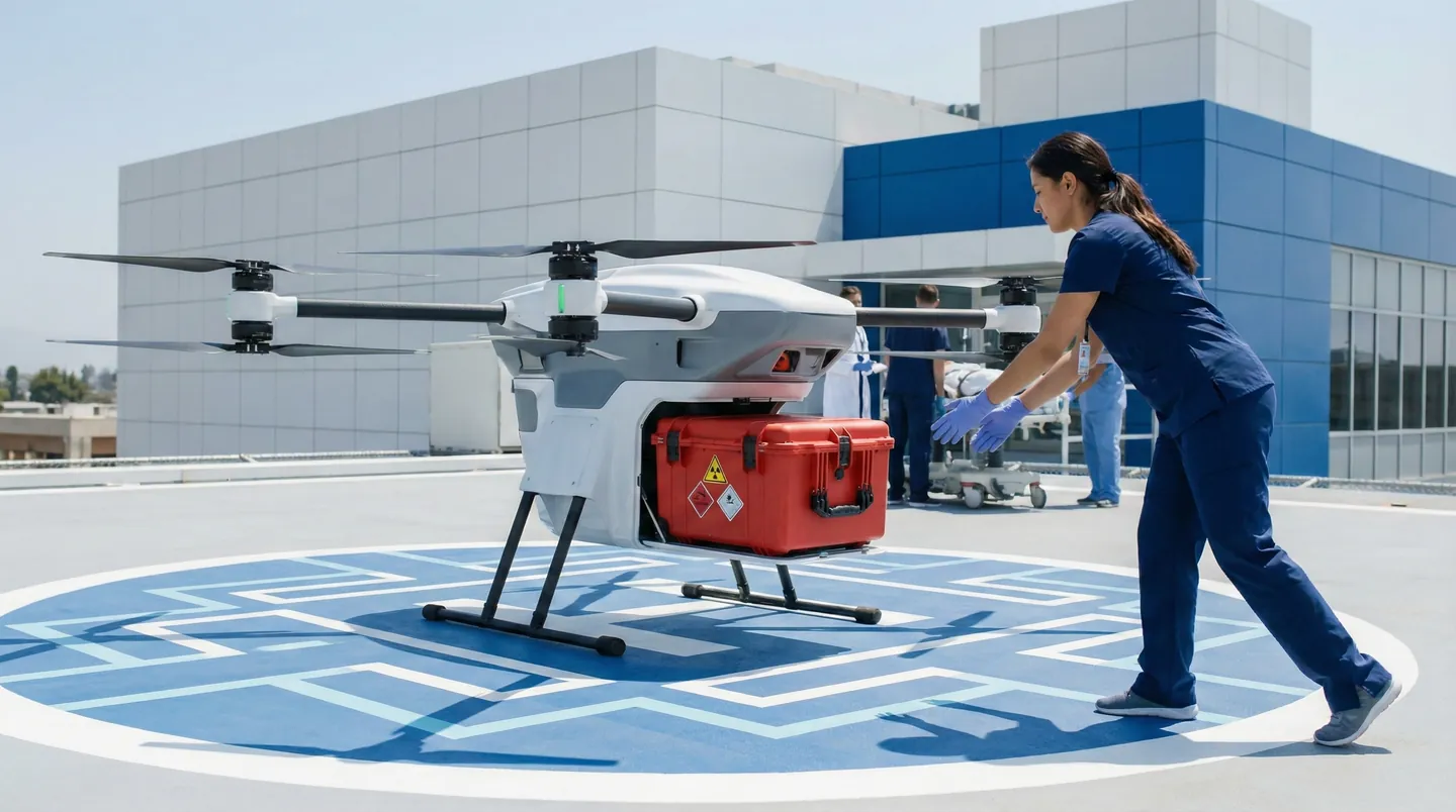 Dronă medicală aterizând autonom pe un pad specializat la un spital, asistentă preluând cutia securizată