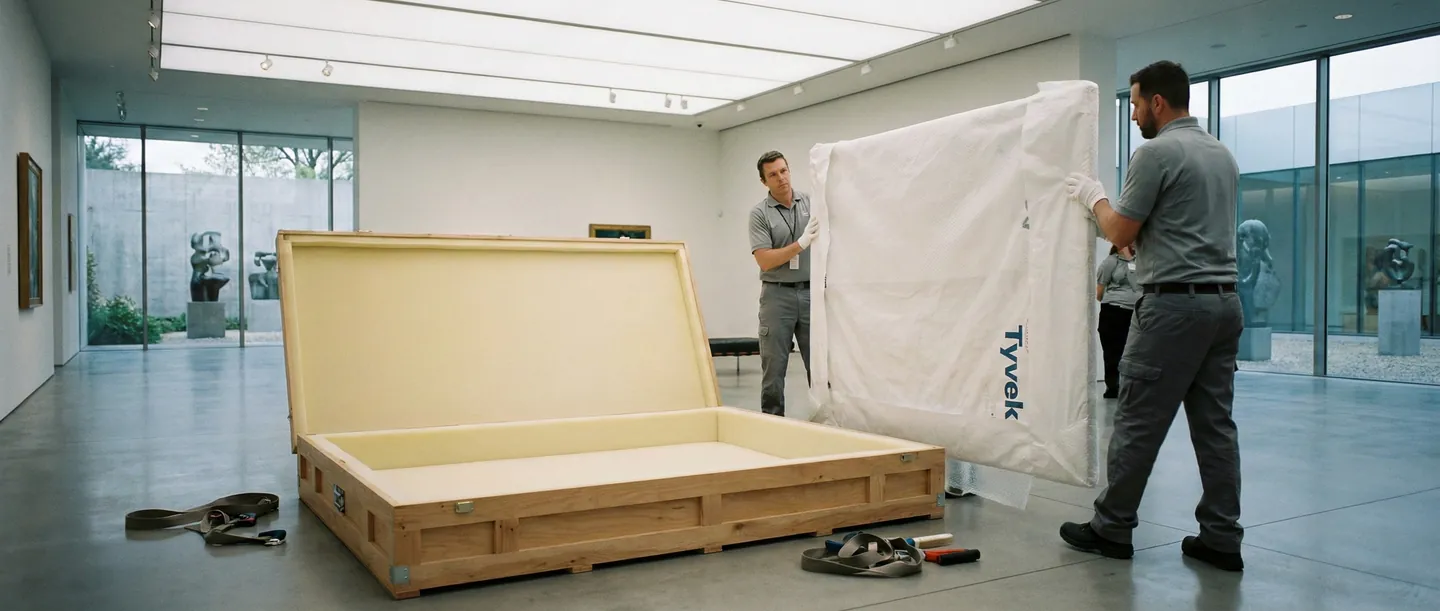 Echipă de logistică a artei manipulând un tablou într-o galerie, demonstrând servicii white glove