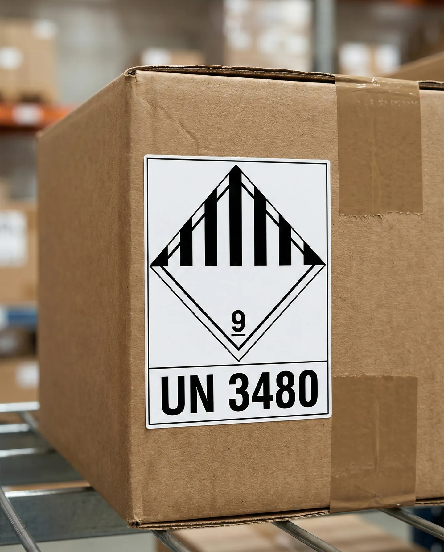 Etichetă pericol Clasa 9 UN3480 pentru baterii litiu-ion pe cutie de transport