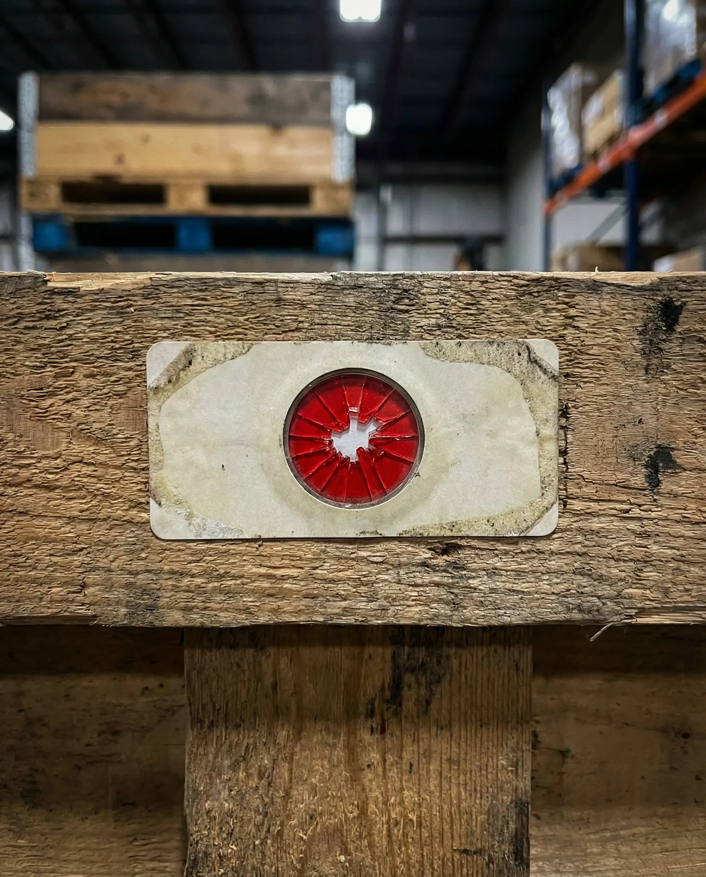 Etichetă Shockwatch activată pe o ladă de lemn, indicând un șoc mecanic în timpul transportului