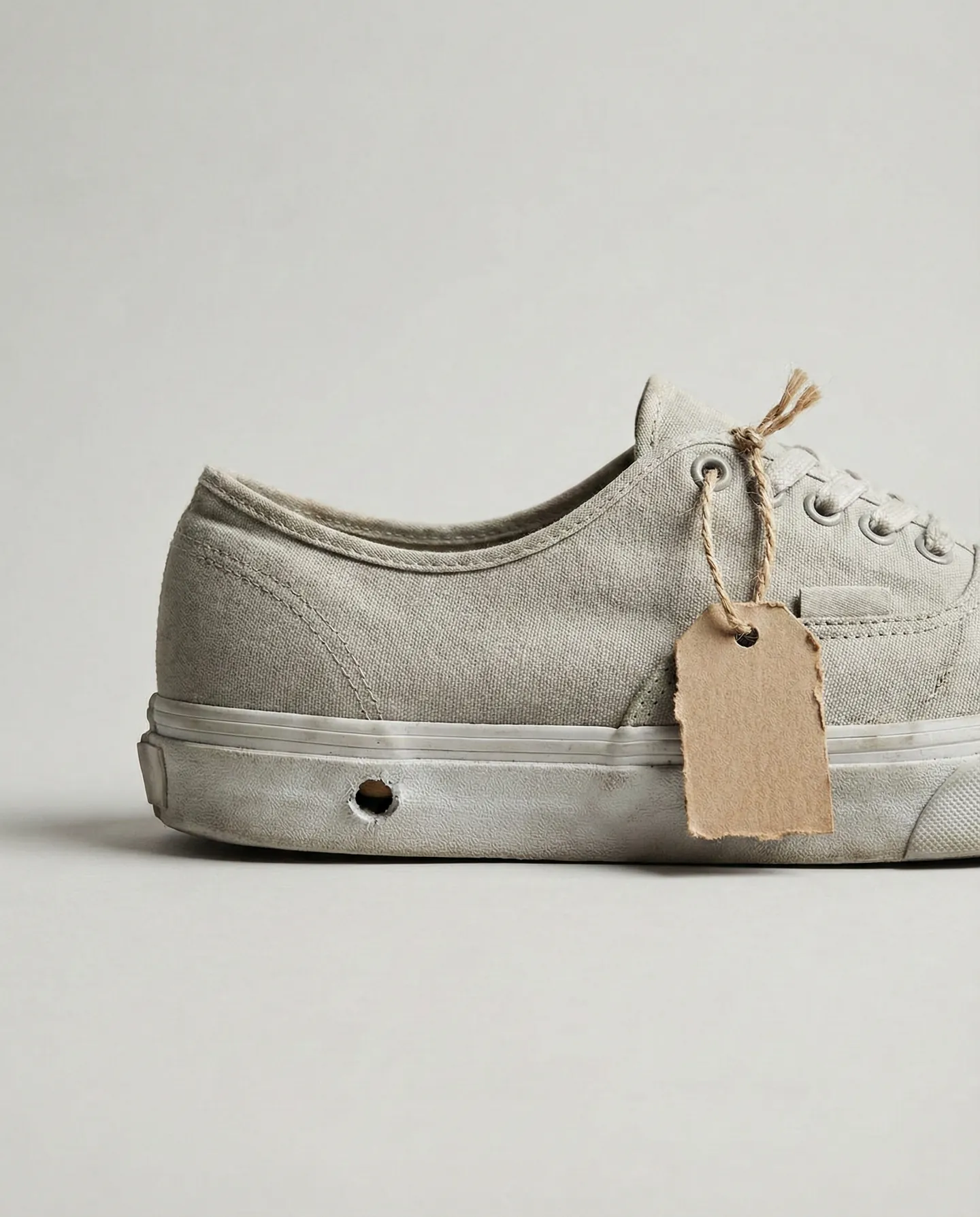 Exemplu de 'mutilare' a mostrei pentru vamă: pantof cu talpa găurită pentru a preveni revânzarea