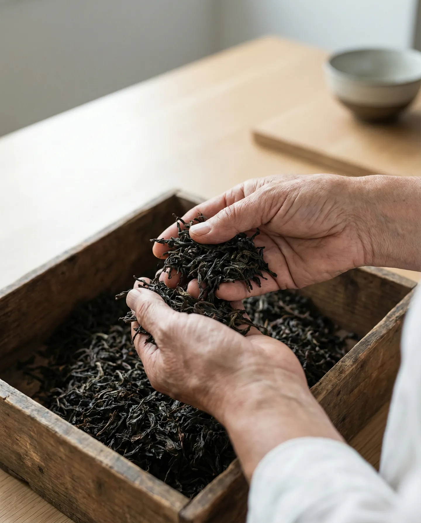 Expert examinând calitatea frunzelor de ceai vrac, evidențiind textura și integritatea produsului