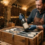 Expert logistic manevrând cu grijă o sticlă de vin vintage pentru transport