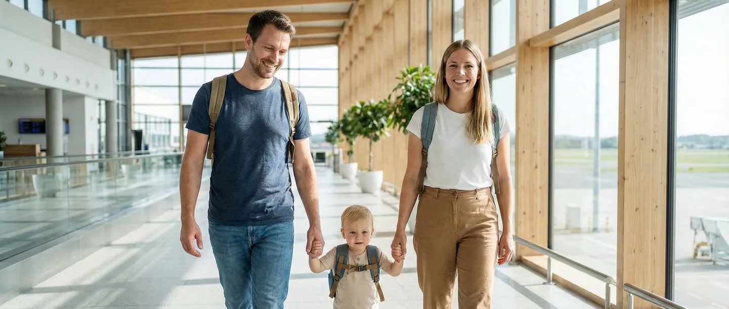 Familie cu doi copii mergând relaxați prin aeroport doar cu rucsacuri mici, în timp ce cărucioarele și bagajele grele sunt deja expediate prin curier