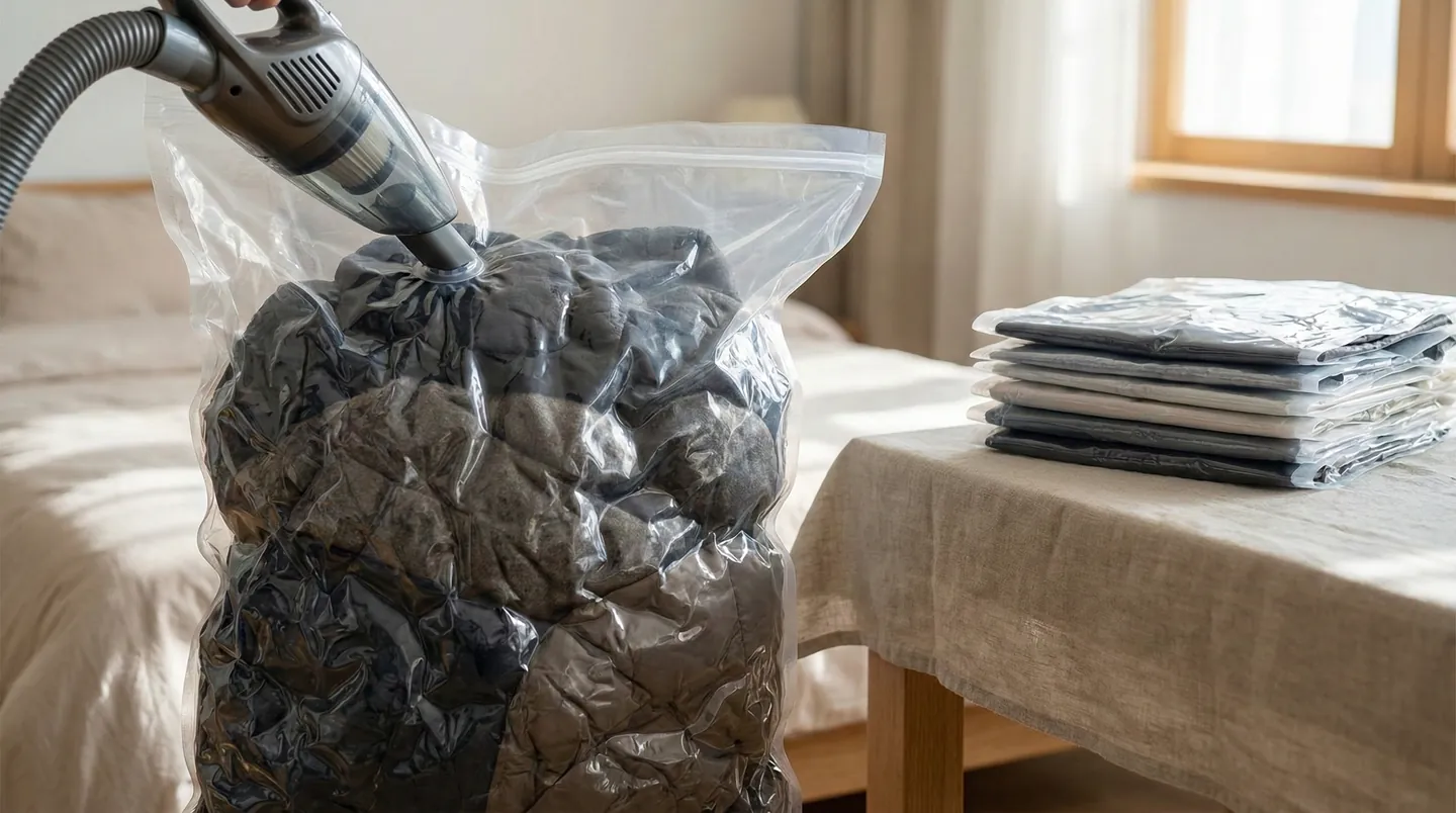 Folosirea sacilor de vidat pentru a reduce volumul hainelor groase în colet