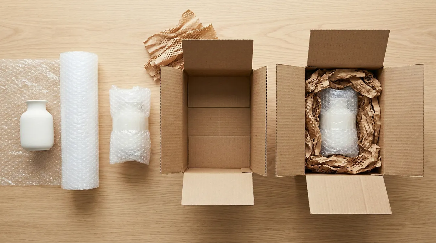 Ghid vizual de ambalare profesională a coletelor folosind folie cu bule și carton rezistent pentru transport lung.