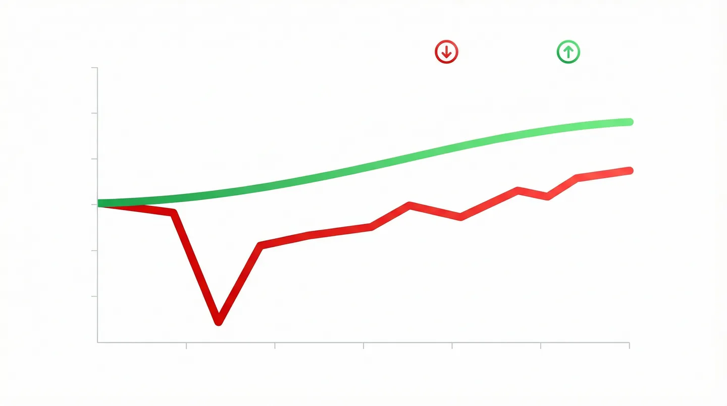 Grafic comparativ cashflow: linia roșie arată scăderea lichidității la import direct, linia verde arată stabilitatea cu antrepozit vamal