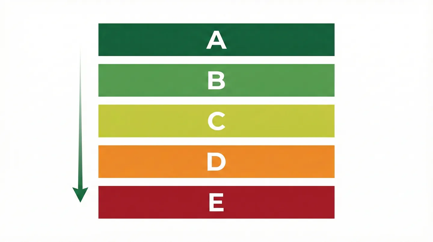 Grafic explicativ cu clasele de performanță pentru reciclare de la A la E, arătând criteriile tehnice