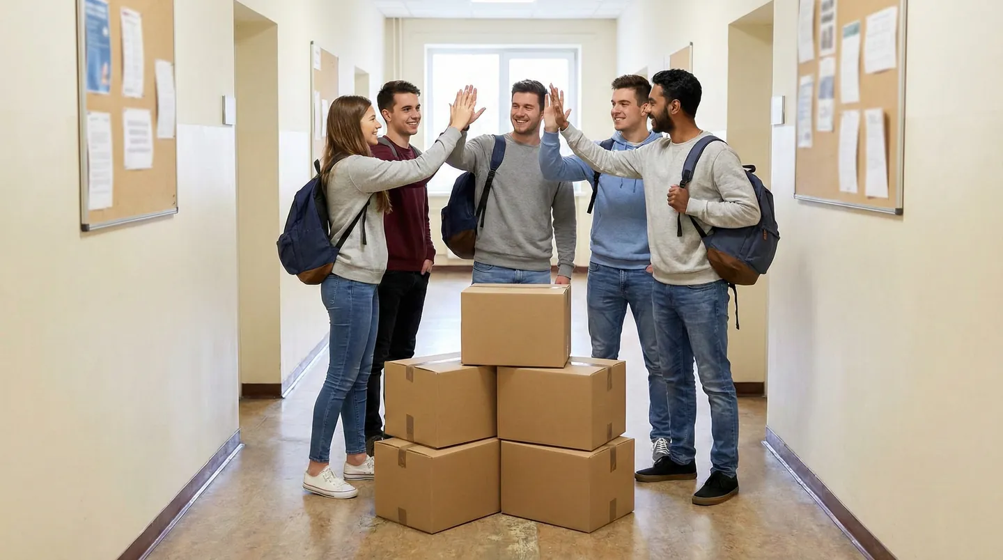 Grup de studenți organizând o expediere comună pentru a reduce costurile de transport