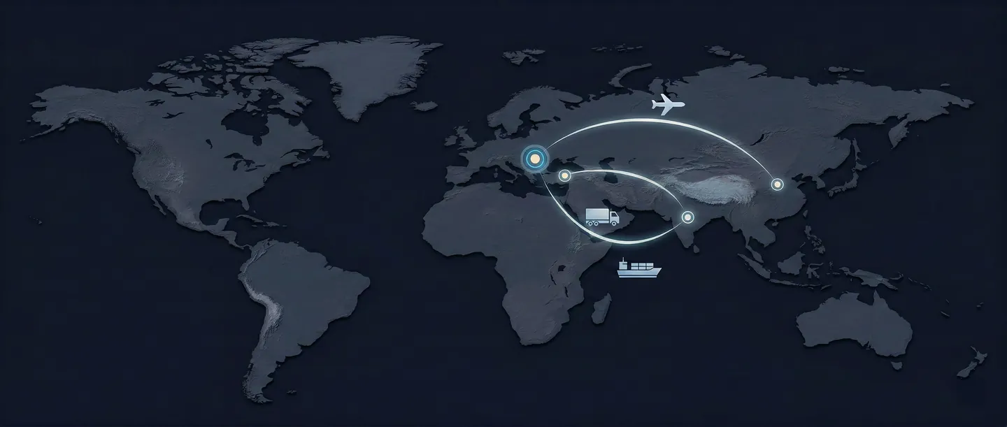 Hartă conceptuală a strategiei China Plus One conectând Vietnam, India și Turcia cu România prin rute de transport