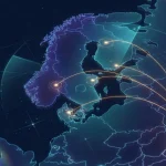 Hartă logistică conceptuală a Scandinaviei cu rute de transport din România