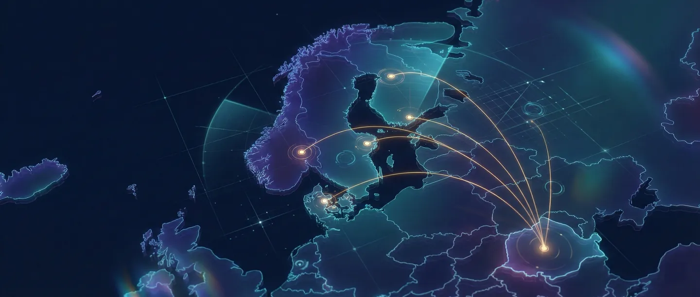 Hartă logistică conceptuală a Scandinaviei cu rute de transport din România