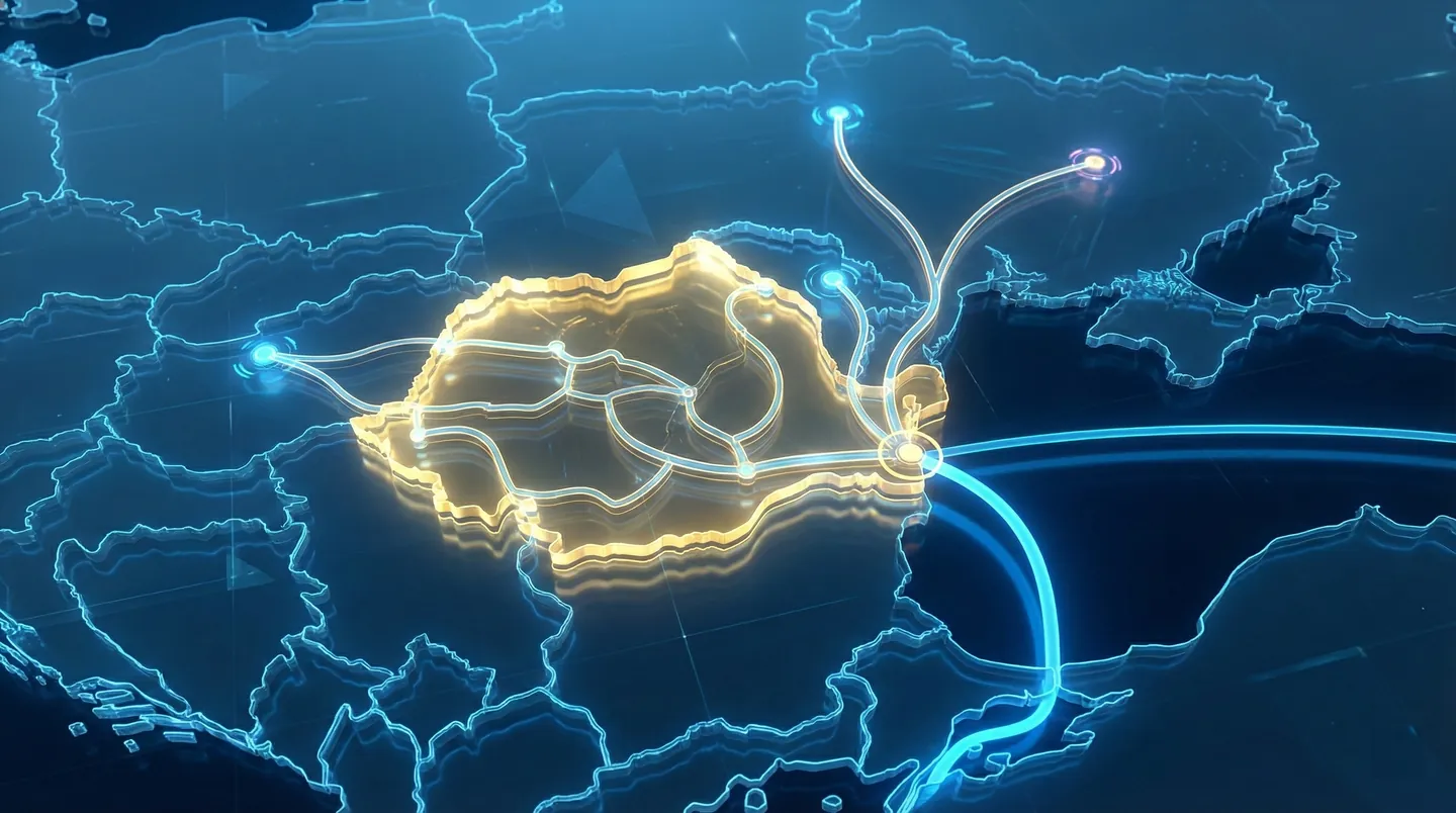Hartă stilizată a Europei de Est arătând România ca hub logistic pentru tranzitul mărfurilor